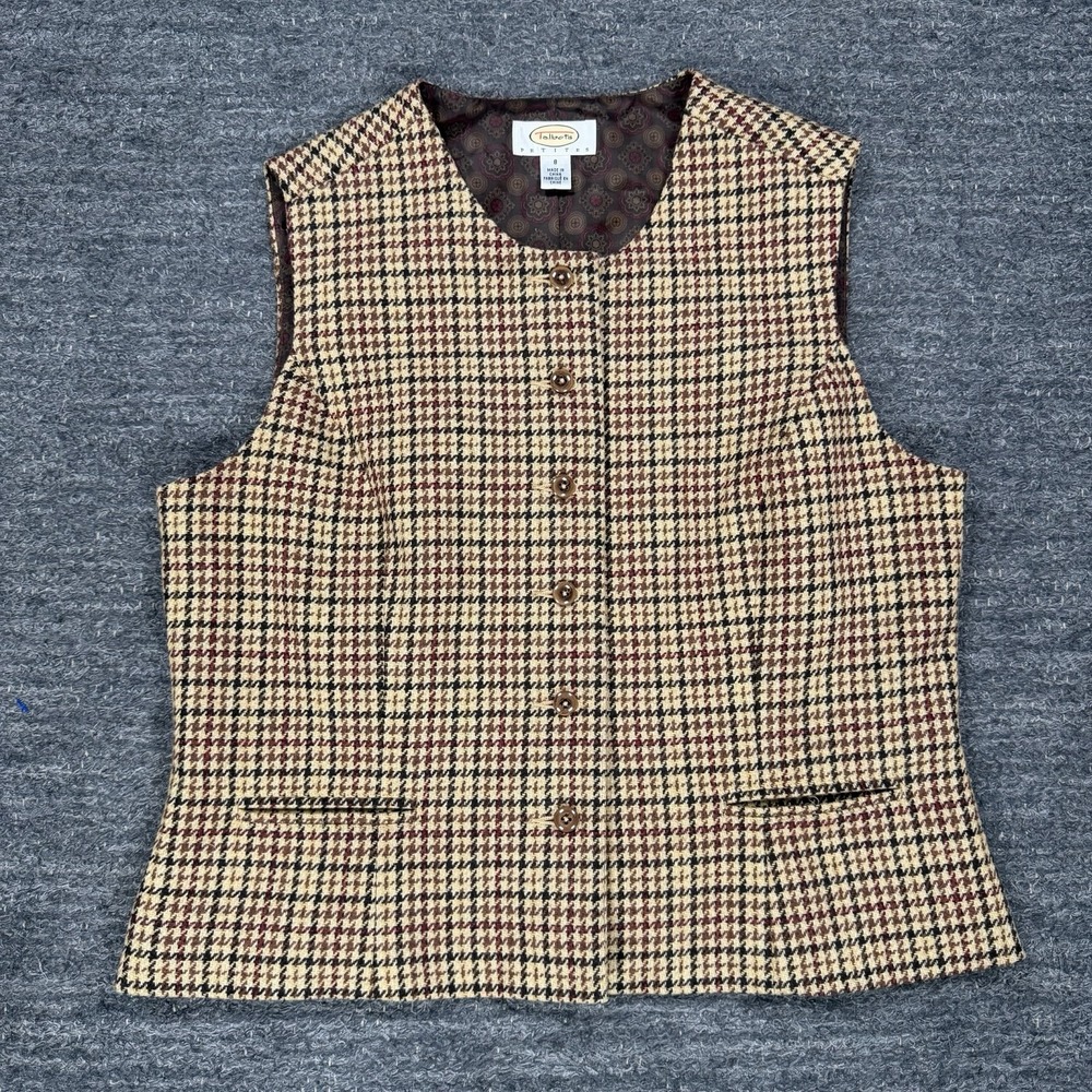 Talbots Vest Women 8P Brown Houndstooth Wool Blend Button Front Petites Lined